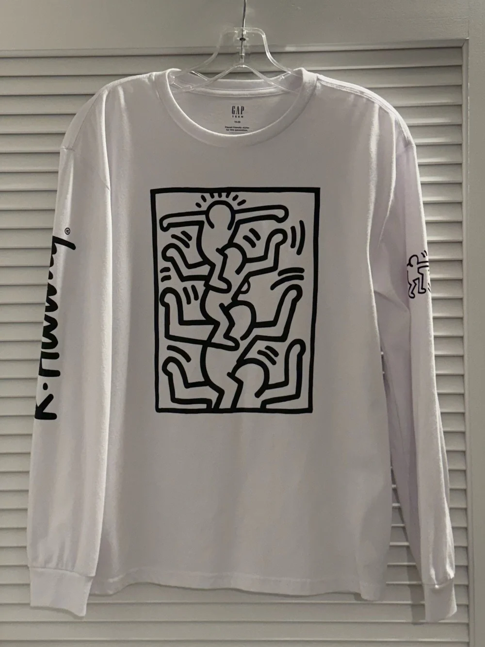 GAP White Long-Sleeve Graphic Tee with Black Keith Haring Motif